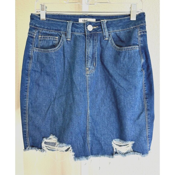 YMI Dream Fit Denim Mini Skirt Raw Hem Distressed Jean Pockets Stretch Blue 9/29 - Picture 1 of 9